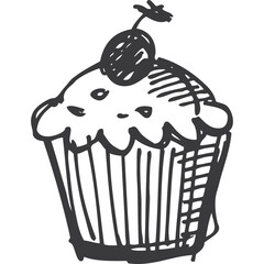 Hand Drawn Sketch of a Cupcake with Cherry Topping on Transparent Background