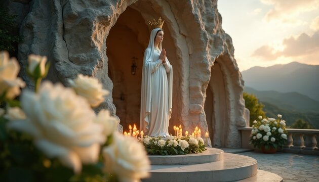 Statue of Virgin Mary adorned with golden crown stands in holy grotto. White roses, candles decorate Marian shrine. Devotional figure looks serene. Mountains at background. Religious christian