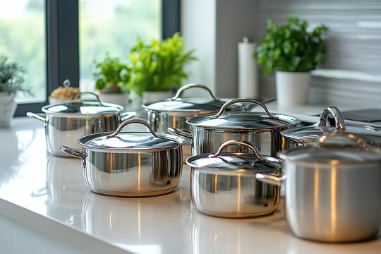 Professional stainless cookware on countertop surrounded by fresh ingredients, representing modern cooking and healthy lifestyle.