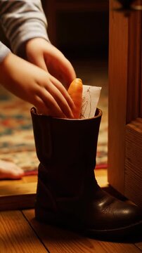Child placing a carrot in a boot for the Sinterklaas tradition. Young boy celebrating St Nicholas Day at home by candlelight. Vertical video of a holiday ritual
