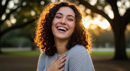 Young Woman Laughing Joyfully in Golden Hour Sunlight Outdoors