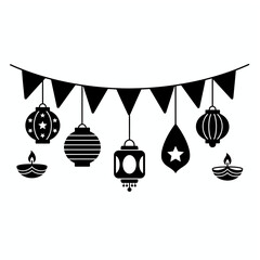 black bunting flags and decorative lamps, simple silhouette elements, white background, flat festive vector