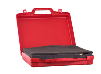 The open red case with the scientific equipment on white background