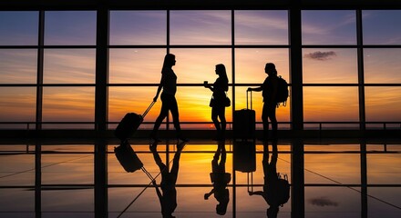 Travelers Silhouetted Against a Sunset at the Airport Terminal
