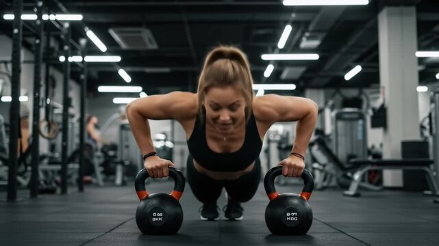 Fit Woman Doing Kettlebell Push Ups In Gym Realistic Video