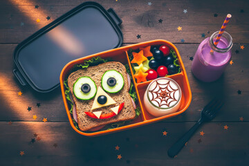 Halloween Lunchbox With Funny Monster Sandwich, Fruits And Yogurt On Wooden Table. Concept Of Kids Halloween Party, Healthy School Meals, Spooky Snacks, Themed Food, And Festive Lunch Ideas
