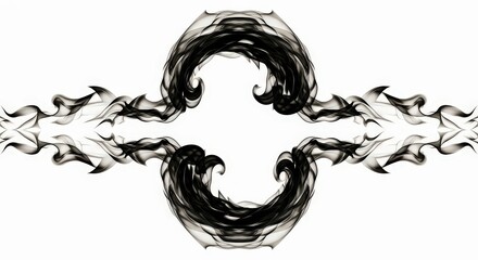Abstract symmetrical black ink pattern on white background, resembling smoke or liquid.