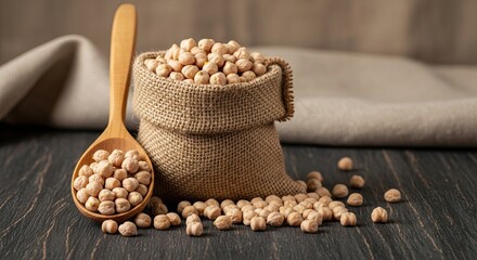Bag of dried chickpeas with wooden spoon on a dark surface
