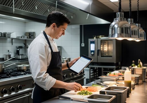 Chef using tablet in professional kitchen while preparing food
