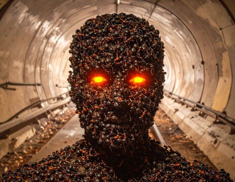 Horrifying humanoid figure made of a swarm of insects with glowing eyes in a dark tunnel.