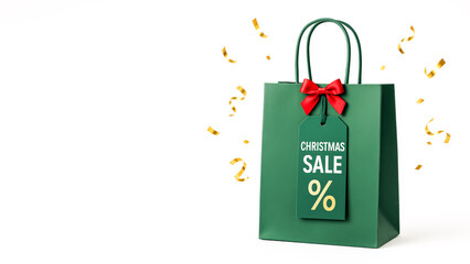 Green Christmas Sale Bag With Red Bow And Tag On White Background. Concept Of Holiday Shopping, Seasonal Discounts, Gift Packaging, Christmas Retail Promotion, And Winter Sale Advertising