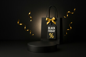 Black Friday Shopping Bag With Gold Bow Near Empty Podium For Presentation On Dark Background. Concept Of Product Presentation, Holiday Sale Display, Branding, Retail Promotion, And Ecommerce Design