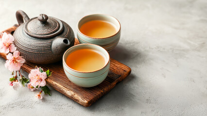 Traditional Asian Teapot And Two Cups Of Tea With Cherry Blossoms On Wooden Tray. Concept Of Asian Tea Ceremony, Mindful Living, Healthy Drink, Natural Wellness, And Tranquil Lifestyle Visuals