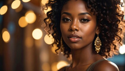 Woman with curly hair, bokeh lights background
