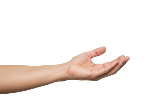 Open hand reaching out, isolated on transparent background