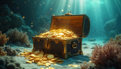 Underwater photo reveals open treasure chest overflowing with gold coins. Sun rays penetrate water illuminating the sunken chest. The scene conveys adventure wealth discovery and history.