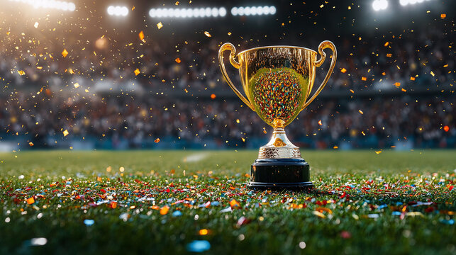 A radiant gold cup illuminated by sunlight stands on the lush stadium grass as confetti falls around it. A powerful metaphor for success, triumph, and the spirit of achievement. Copy space