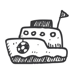 Hand Drawn Sketch Of A Small Tugboat With A Flag On Top And A Life Preserver On The Side Isolated On White Background