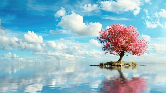 A pink tree sits atop a tiny island in a serene environment