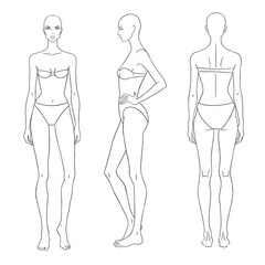 Clean line art of a female fashion model shown from front, side, and back views. Perfect for fashion design sketching, garment fitting, croquis drawing, and creating clothing templates.