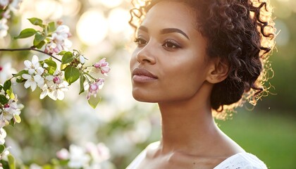 Woman with curly hair gazing at blossoms in sunny garden