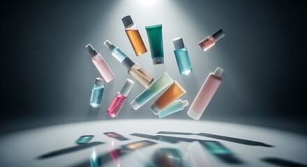 Cosmetic products floating in the air with dramatic lighting and shadows.