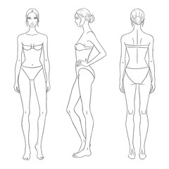 Clean line art of a female fashion model shown from front, side, and back views. Perfect for fashion design sketching, garment fitting, croquis drawing, and creating clothing templates.