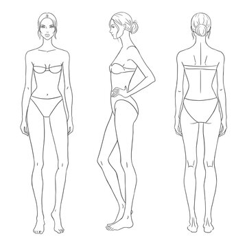 Clean line art of a female fashion model shown from front, side, and back views. Perfect for fashion design sketching, garment fitting, croquis drawing, and creating clothing templates.