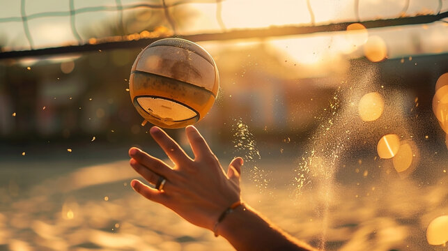 Hand hitting a volleyball in golden sunset