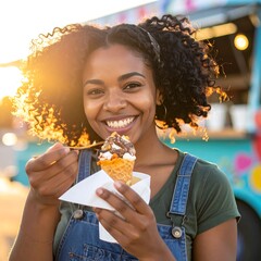 Woman with curly hair enjoying ice cream outside