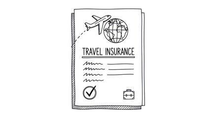 Hand-drawn illustration of a travel insurance document with an airplane and globe icon.