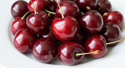Fresh Ripe Cherries Pile on White Plate Close Up