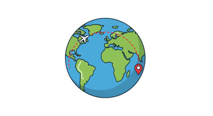Cartoon Earth Globe with Continents Oceans Airplane and Location Pin.