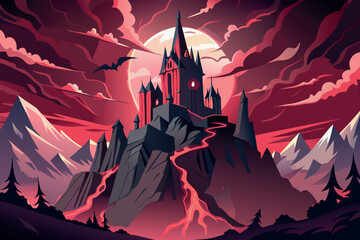 Gothic castle on a volcanic mountain under a blood red sky