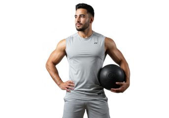Man holding medicine ball isolated on transparent background