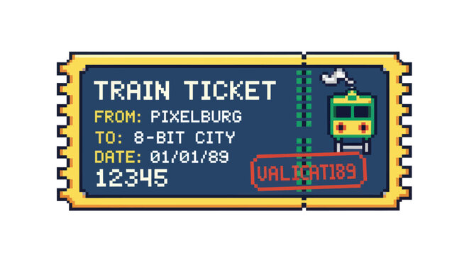Retro pixel art train ticket for travel between fictional cities.