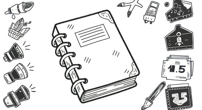 Hand-drawn spiral-bound notebook with blank label doodle.