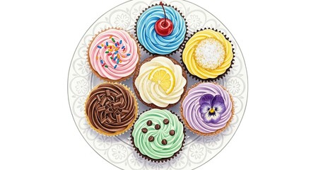 A Plate of Colorful Delicious Cupcakes with Various Frostings and Toppings