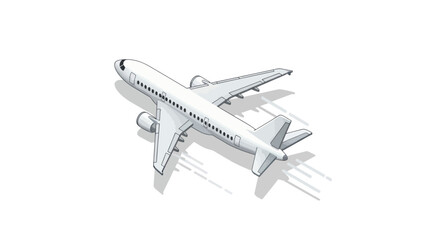 A detailed illustration of a modern white passenger airplane in flight.