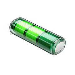 Modern battery icon featuring semi-charged emerald segments and soft reflective sheen, minimalist digital style, isolated on transparent background
