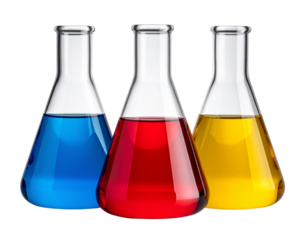 Front View of Erlenmeyer Flasks with Multicolored Liquids, Isolated on Transparent Background
