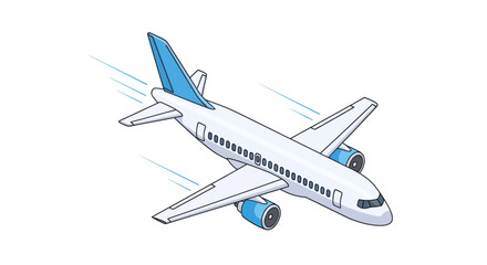A white and blue commercial jet airplane in flight depicted with motion lines.
