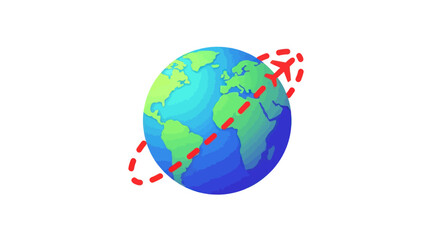 A vibrant stylized globe with a dashed red line indicating a global path.