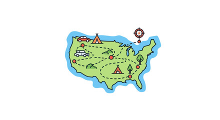 Illustrated USA Map with Camping and Travel Icons.