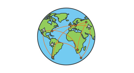 Cartoon globe illustration showing a network of international flight paths and airplane travel routes.
