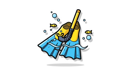 Cartoon illustration of snorkeling gear with blue fins and a yellow snorkel.