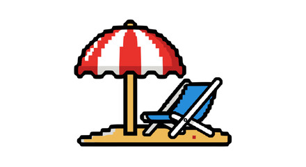 Pixelated Beach Scene with Red and White Umbrella and Blue Lounge Chair.