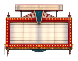 Front View of Vintage Movie Theater Marquee, Illuminated Letters, Isolated on Transparent Background