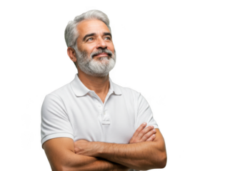 Man with gray hair and beard looking up isolated on transparent background