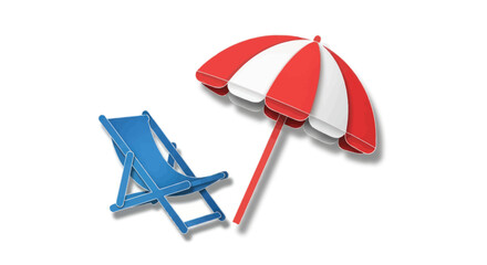 Red and White Striped Beach Umbrella with Blue Deck Chair.
